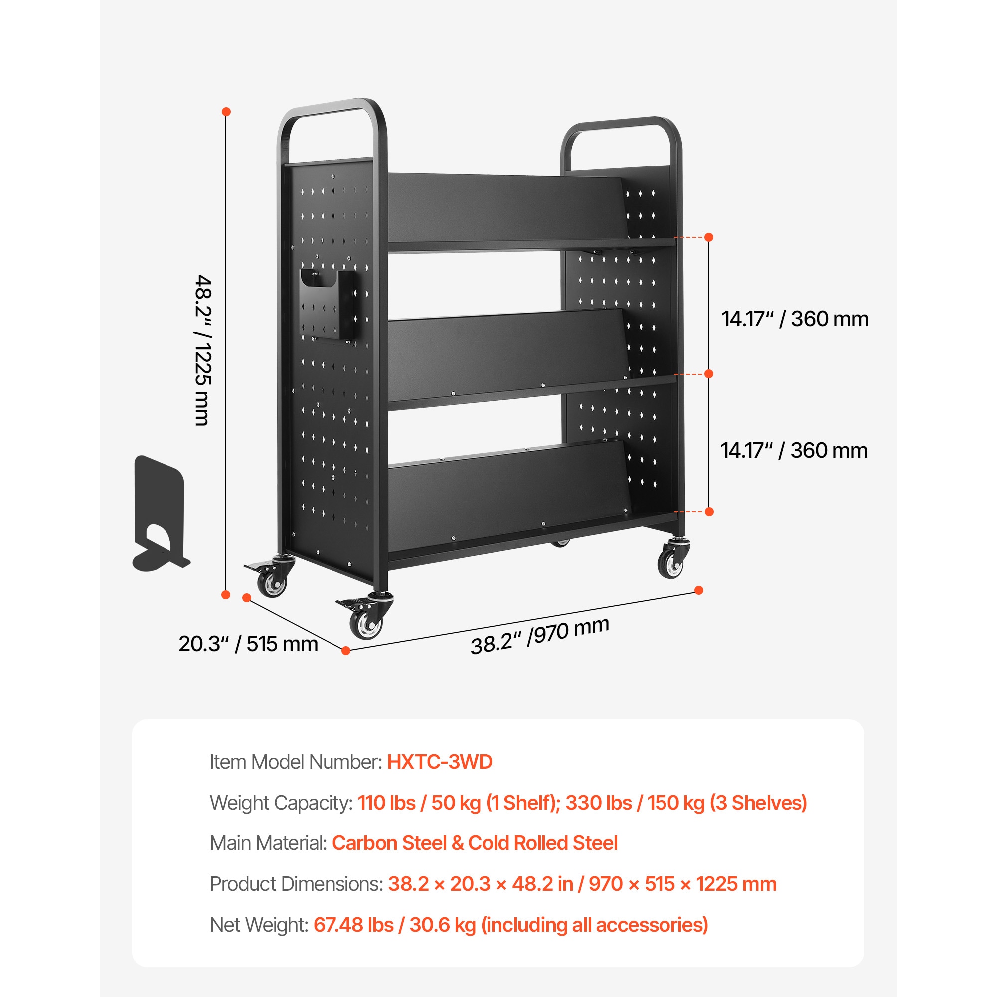 3-tier Rolling Book Cart Double Sided W-shaped Shelving Unit Black_voghion.com